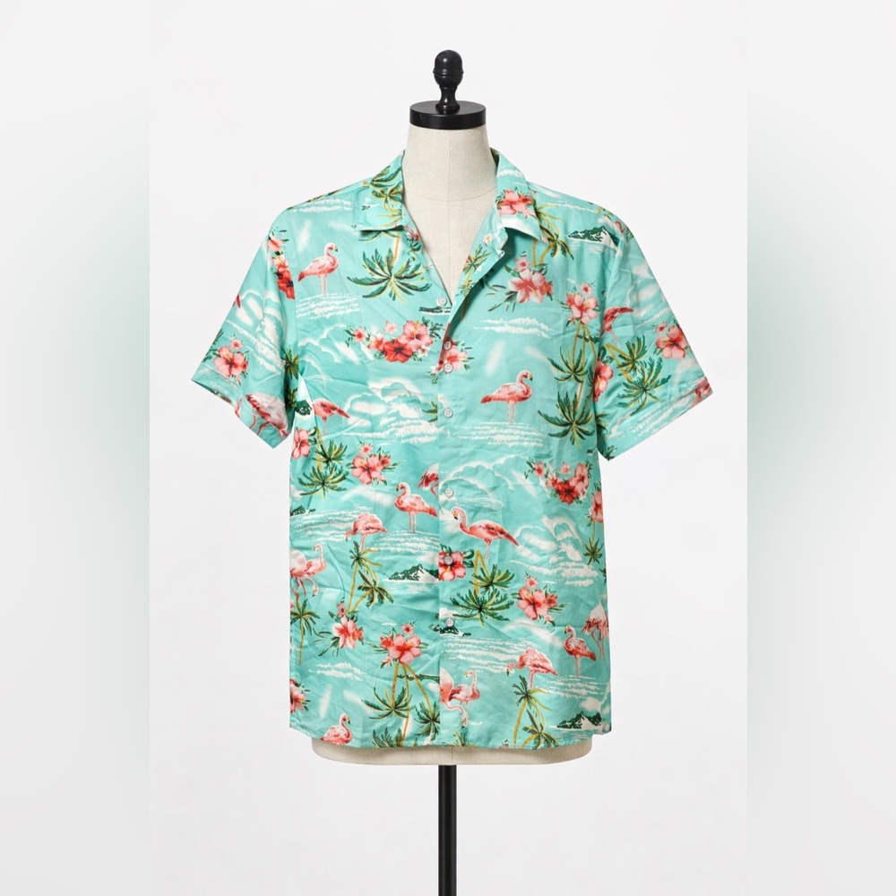 SSLR – Flamingo Hawaiian Shirt – Tropical Camp Button Up – Teal – M